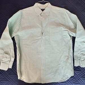 Lands' End Shirt Men's Size L / 16-16 1/2 Green & White Check  Linen / Cotton